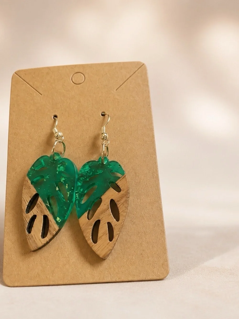 Chic Style Hand Created Green Leaf Dangle Earrings - Gold Accent